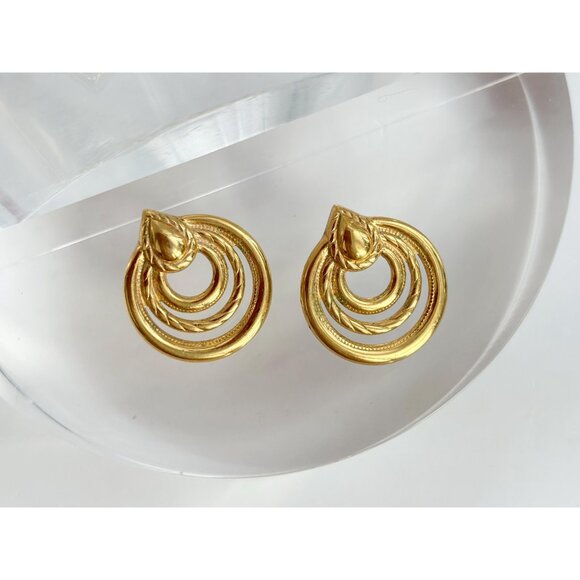 Vintage Gold Toned Rope Designed 80's Hoop Triple Layered Retro Earrings - Picture 2 of 7